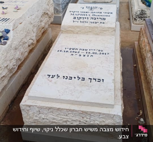 מצבות עם כיתוב בעברית ואבנים קטנות מונחות עליהן
